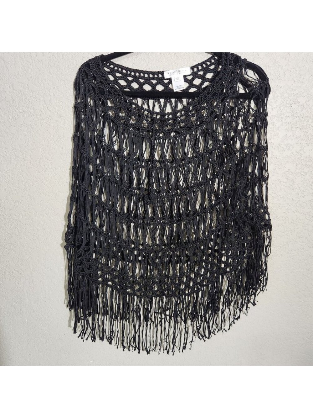 White House Black Market Poncho Women’s Black Fringe Crochet One Size Rayon